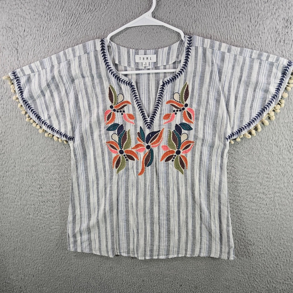 THML Womens Small Blue White Striped Embroidered Pom‎ Pom Flutter Sleeve Blouse